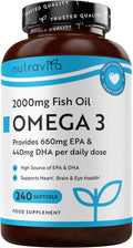 Omega 3 Capsules High Strength 2000Mg with 660Mg EPA & 440Mg DHA - 240 Softgel Omega 3 Fish Oil Capsules for 4 Months of Supply - Heart, Brain & Vision - Fish Oil Supplements