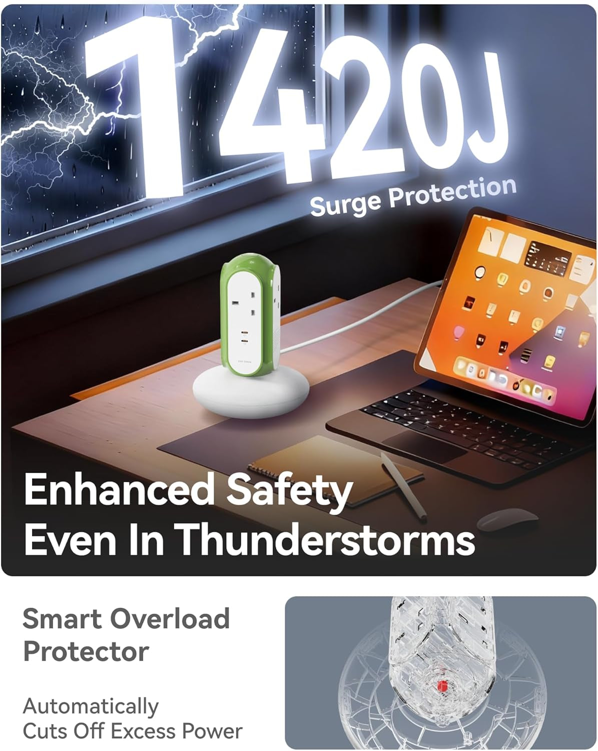 Tower Extension Lead with USB Slots (2 USB-C 30W PD/PPS), 3 Gang 2990W 13A Plug Extension Socket, 1420J Surge Protected, Switched, 2M Extension Cable, Flame Retardant V0 Housing