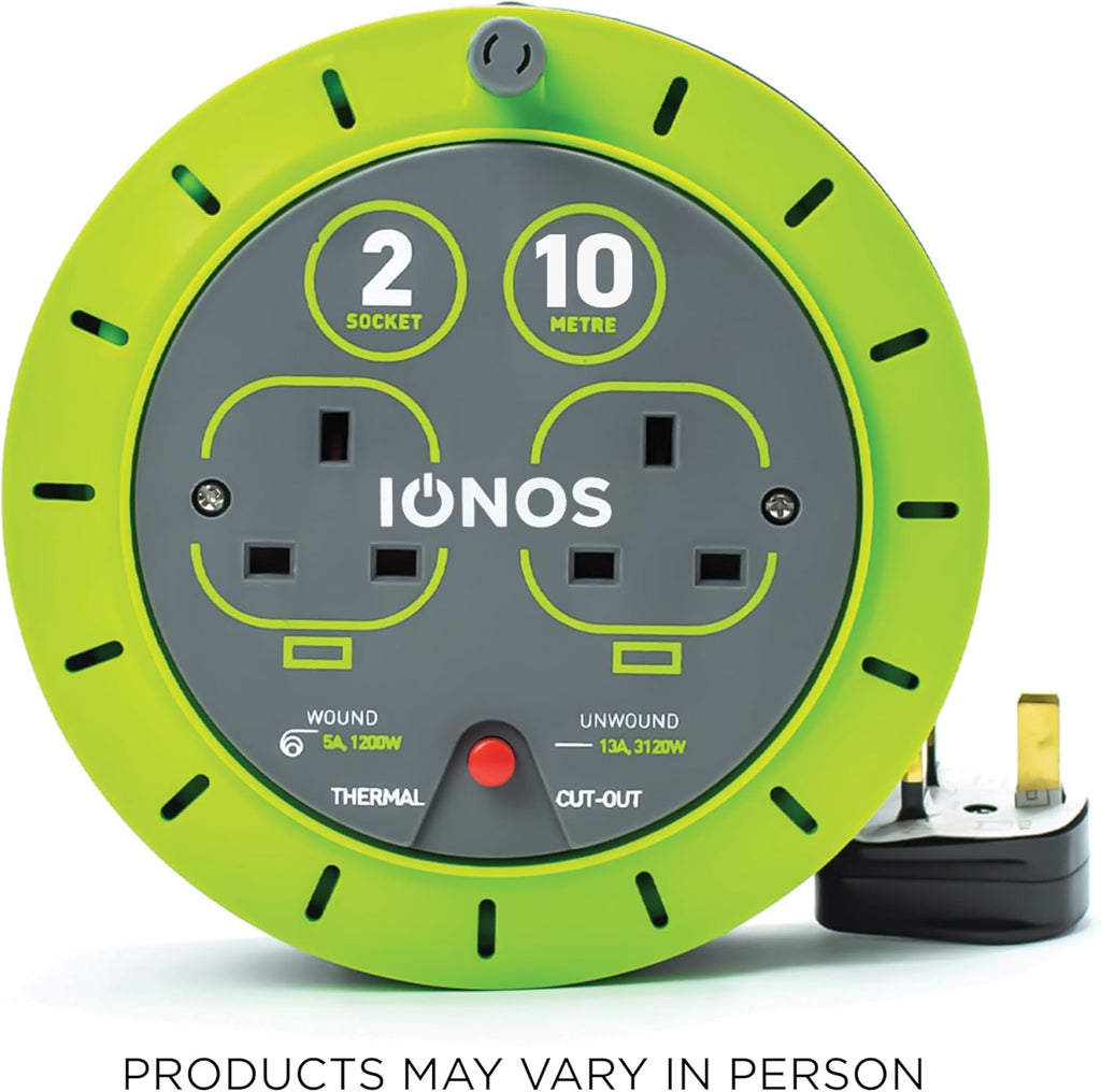 IONOS 2 Socket Cable Reel, 10M, Green Extension Lead, 13A with Thermal Cut Out, Heavy Duty Outdoor Extension Lead (ION13A10MCR6)