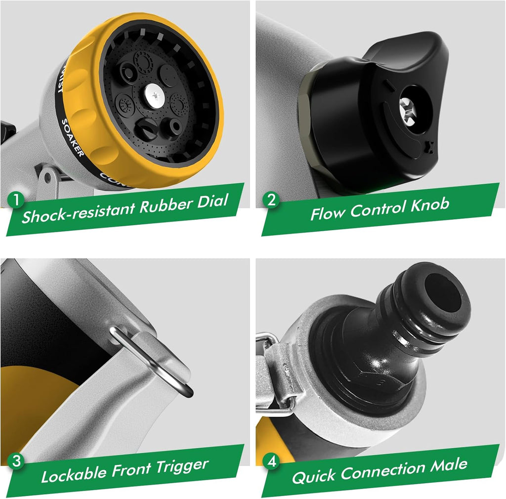 Hose Pipe Spray Gun, Heavy Duty Garden Hose Spray Gun, High Pressure Hose Nozzle, Metal Hand Sprayer with 7 Patterns and Water Flow Control, Ideal to Water Plant & Lawn, Wash Car & Pet, Yellow