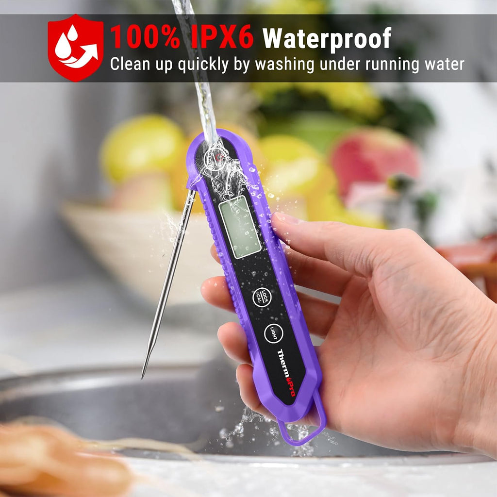 Food Thermometer, IPX6 Waterproof Cooking Thermometer Foldable Probe with Backlight/Calibration/Lock Fuction, Kitchen Digital Instant Read Use for Chicken, Beef, Fish, Pork, Ham, Purple