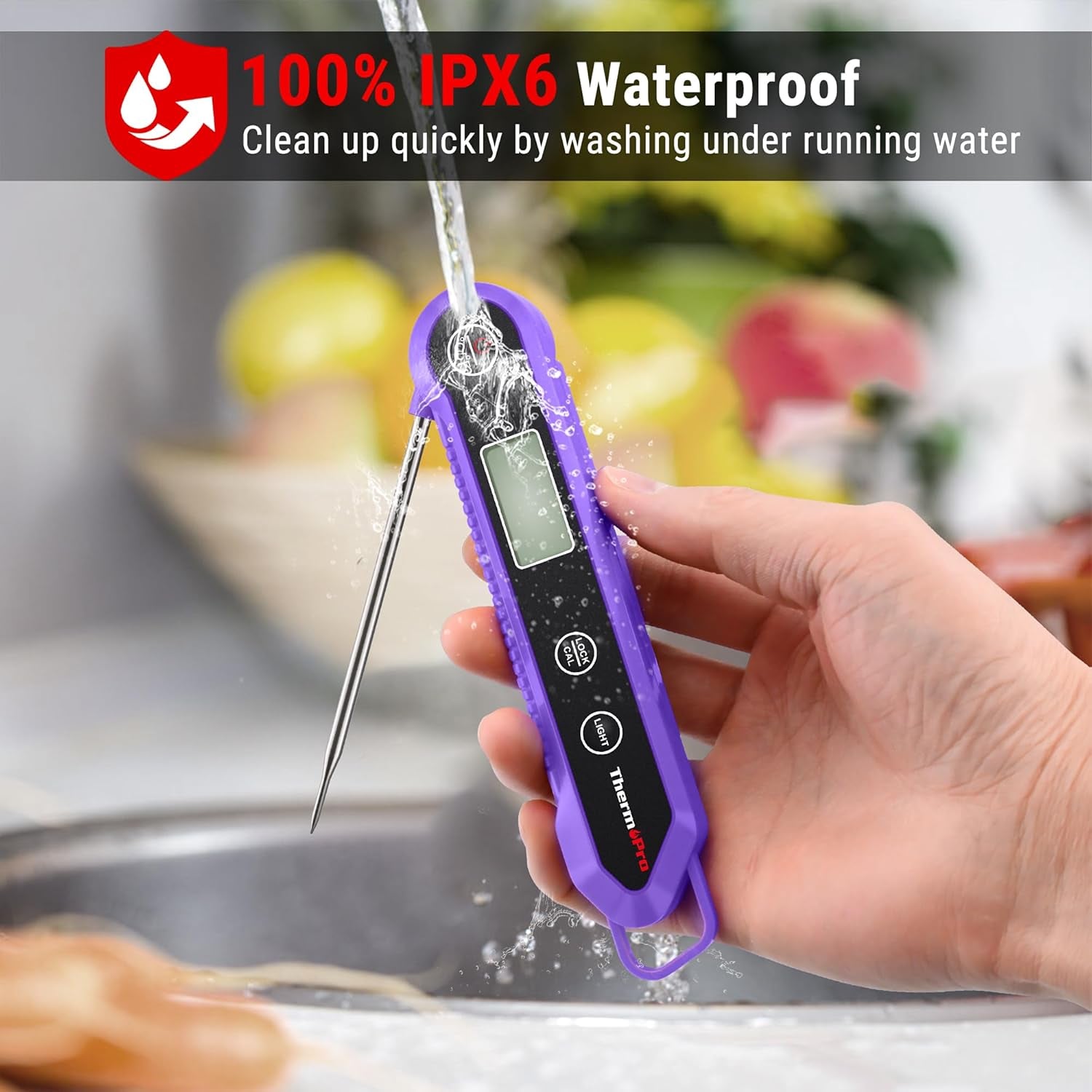 Food Thermometer, IPX6 Waterproof Cooking Thermometer Foldable Probe with Backlight/Calibration/Lock Fuction, Kitchen Digital Instant Read Use for Chicken, Beef, Fish, Pork, Ham, Purple