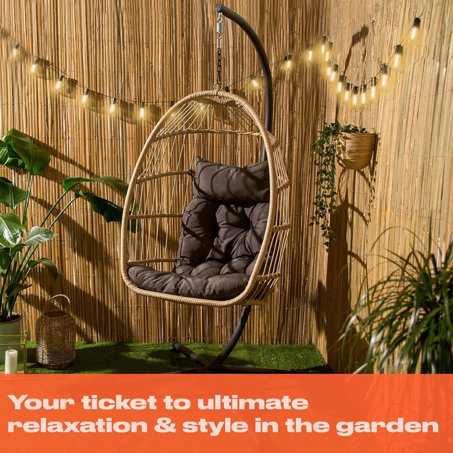 Hanging Egg Chair, Rattan Swing Chair Wicker Hammock with Stand Garden Swing Indoor Outdoor Patio Furniture Relaxing Comfy Foldable Egg Chair with Cushion Included, Natural Beige