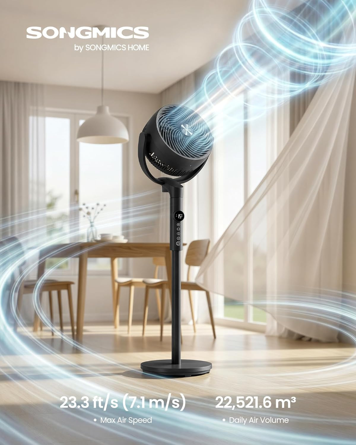 Standing Fan for Bedroom, 20 Db Quiet Pedestal Fan with Remote, Cooling Air Circulator, 120°+135° Oscillating, 15 Speeds, 15 H Timer, 3 Modes, Adjustable Height, Ink Black XFC002B1UK