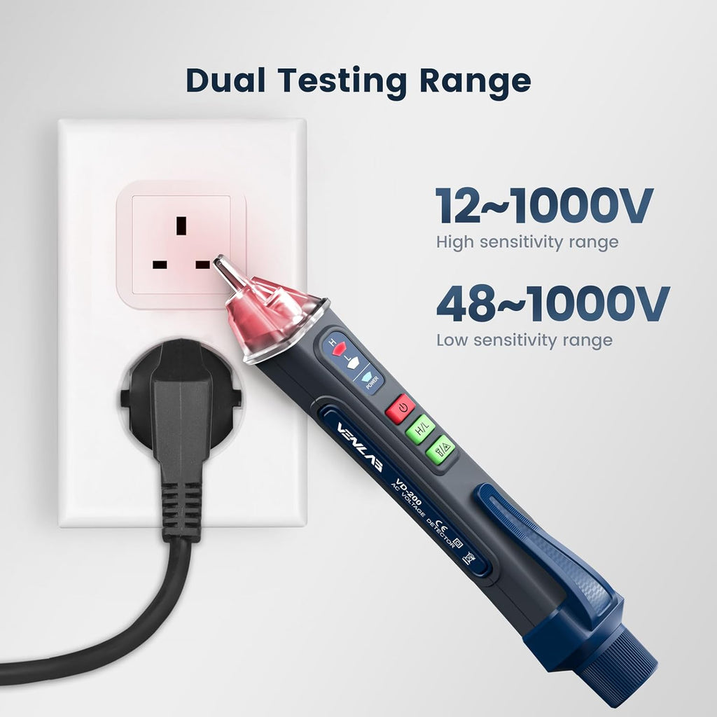 Voltage Tester VD200, 12V-1000V/48V-1000V Dual Range Non-Contact Electric Tester, Sensitivity Electrical Voltage Pen Indicator Light with NCV, Flashlight, Buzzer Alarm, Wire Breakpoint Finder