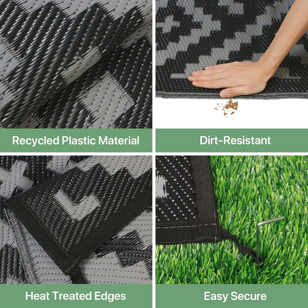 Outdoor Rug Garden Rugs Waterproof Reversible Recycled Outdoor Carpet Washable UV Resistant Modern Area Rugs for Patios, Picnic, Backyard, 180X275Cm, Black & Grey