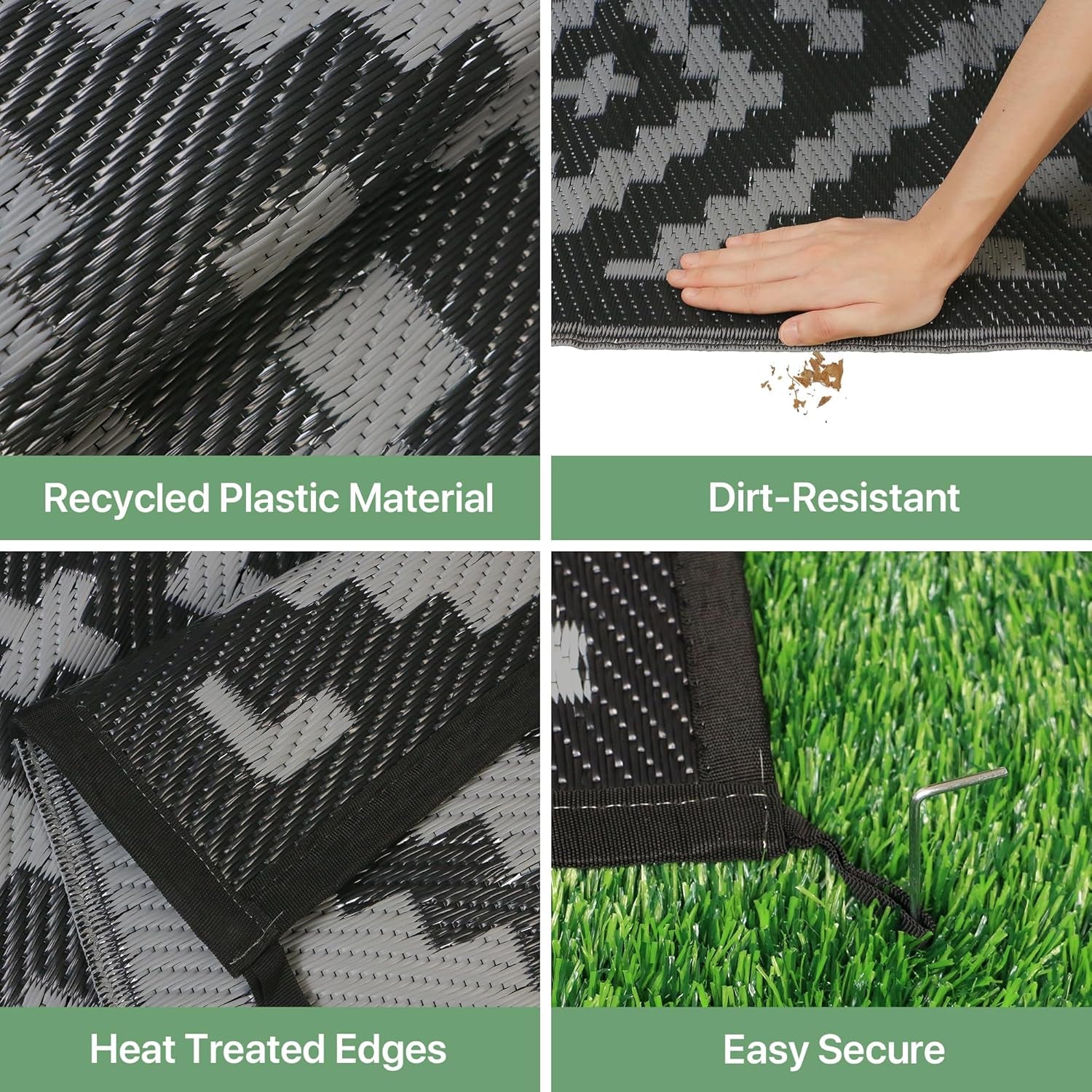 Outdoor Rug Garden Rugs Waterproof Reversible Recycled Outdoor Carpet Washable UV Resistant Modern Area Rugs for Patios, Picnic, Backyard, 180X275Cm, Black & Grey