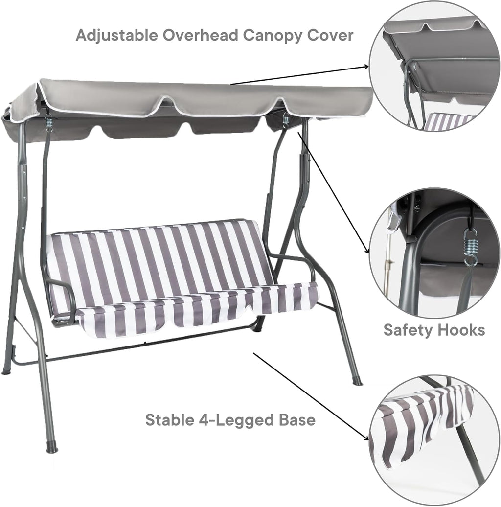 Garden Swing Bench, 3 Seater Swing Seat Outdoor with Adjustable Canopy & Cushioned Seats Relaxing Comfy Outdoor Patio Hammock Bench, Grey/White Stripe