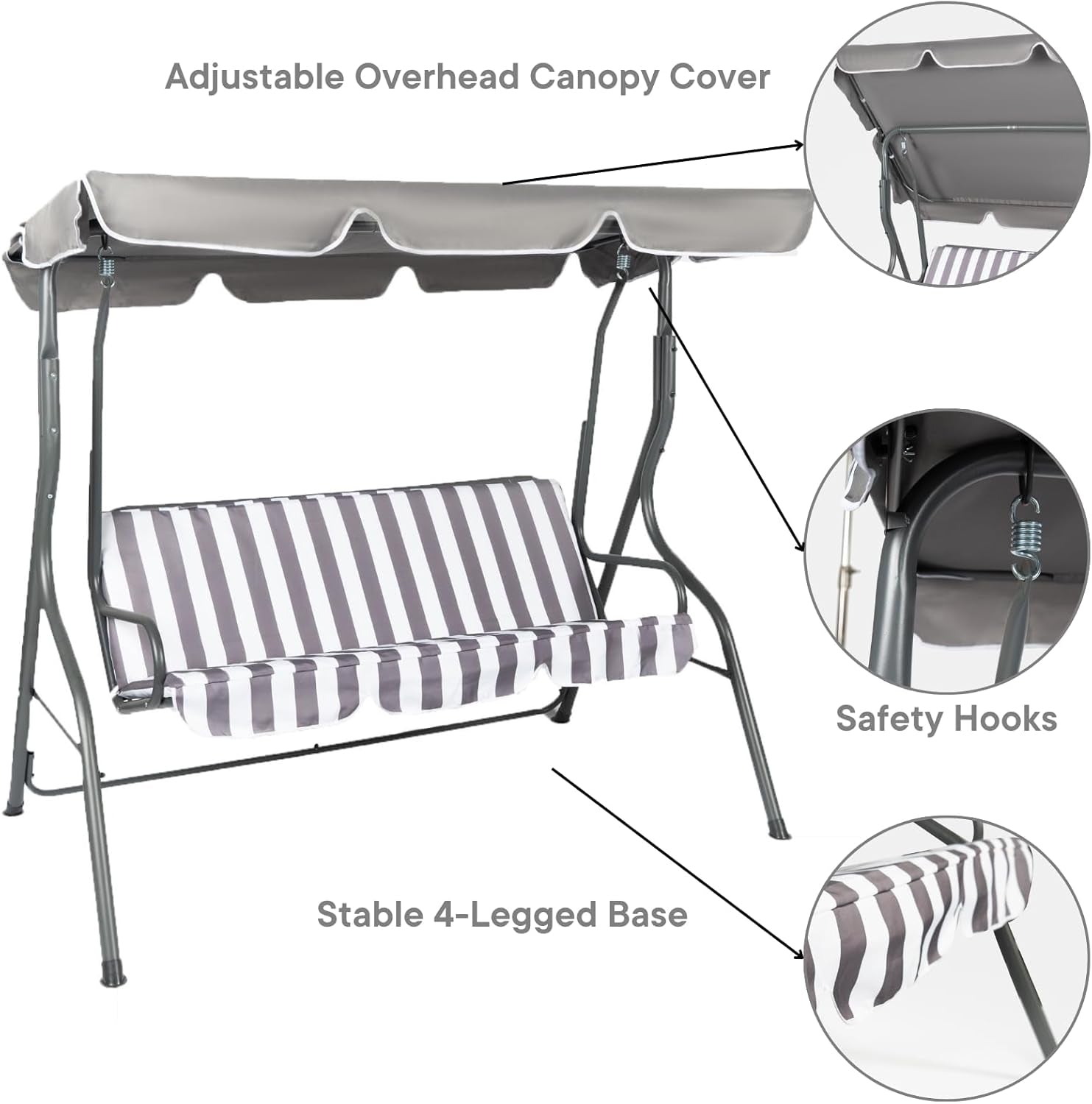 Garden Swing Bench, 3 Seater Swing Seat Outdoor with Adjustable Canopy & Cushioned Seats Relaxing Comfy Outdoor Patio Hammock Bench, Grey/White Stripe