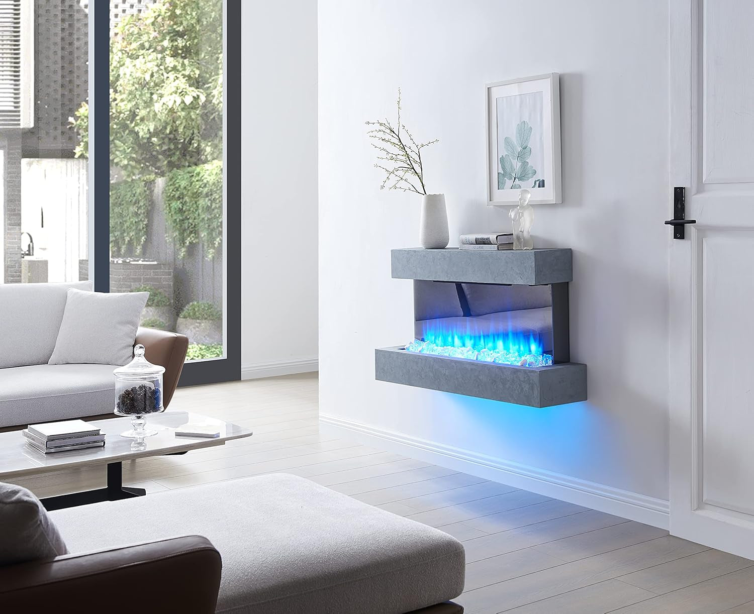 Kingston Wall Mounted Electric Fireplace up to 60" with 3 Flame Colours and 13 Mood Lighting Options 1.5Kw Heater (43" Cement Grey)