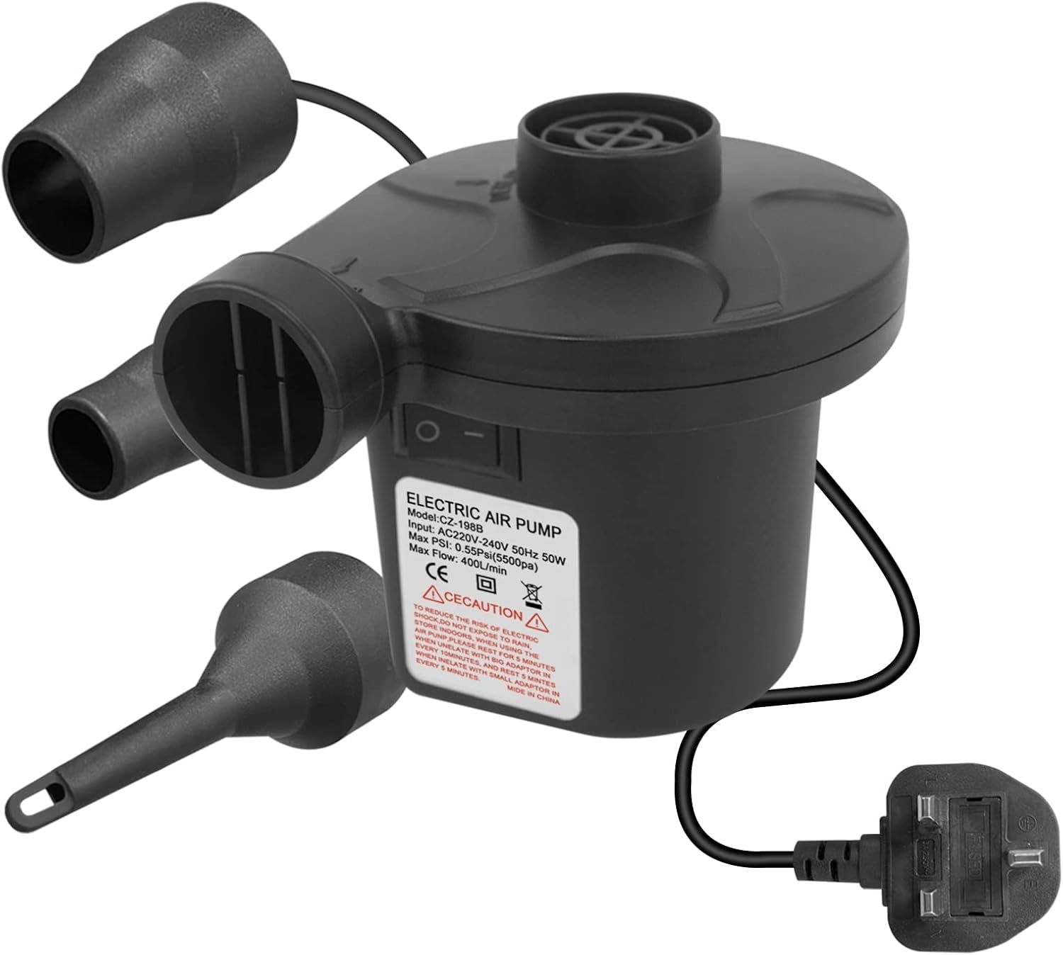 Electric Air Pump, 220V AC/50W 50/60Hz Portable Quick Fill AC Inflator Deflator with 3 Nozzles Pump for Bed Mattress Inflatables Paddling Pool Beach Toys