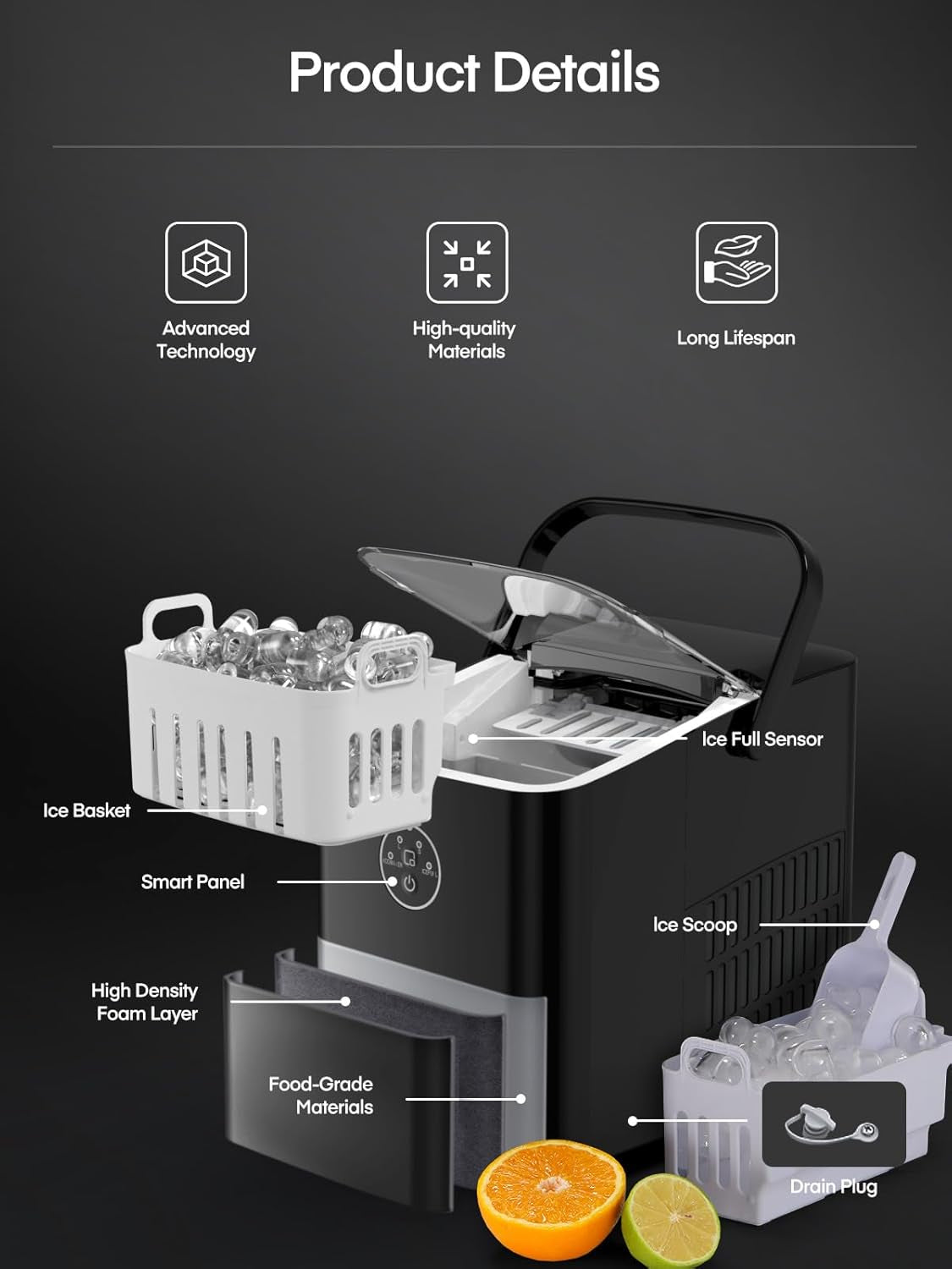 Ice Maker Machine Countertop, 14KG in 24H, Ice Ready in 5 Mins, 2 Bullet Sizes, Portable Ice Cube Maker with Handle, Self-Cleaning, Scoop&Basket, Home/Kitchen/Office/Rv