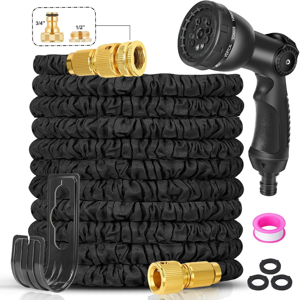 Expandable Garden Hose Pipe 100Ft - Water Hose with 10 Functions Gun and 3/4", 1/2" Brass Fittings, Kink-Free Flexible Garden Hose, 3 Layers of Latex in an Expanding Hose Design for Easy Use & Storage