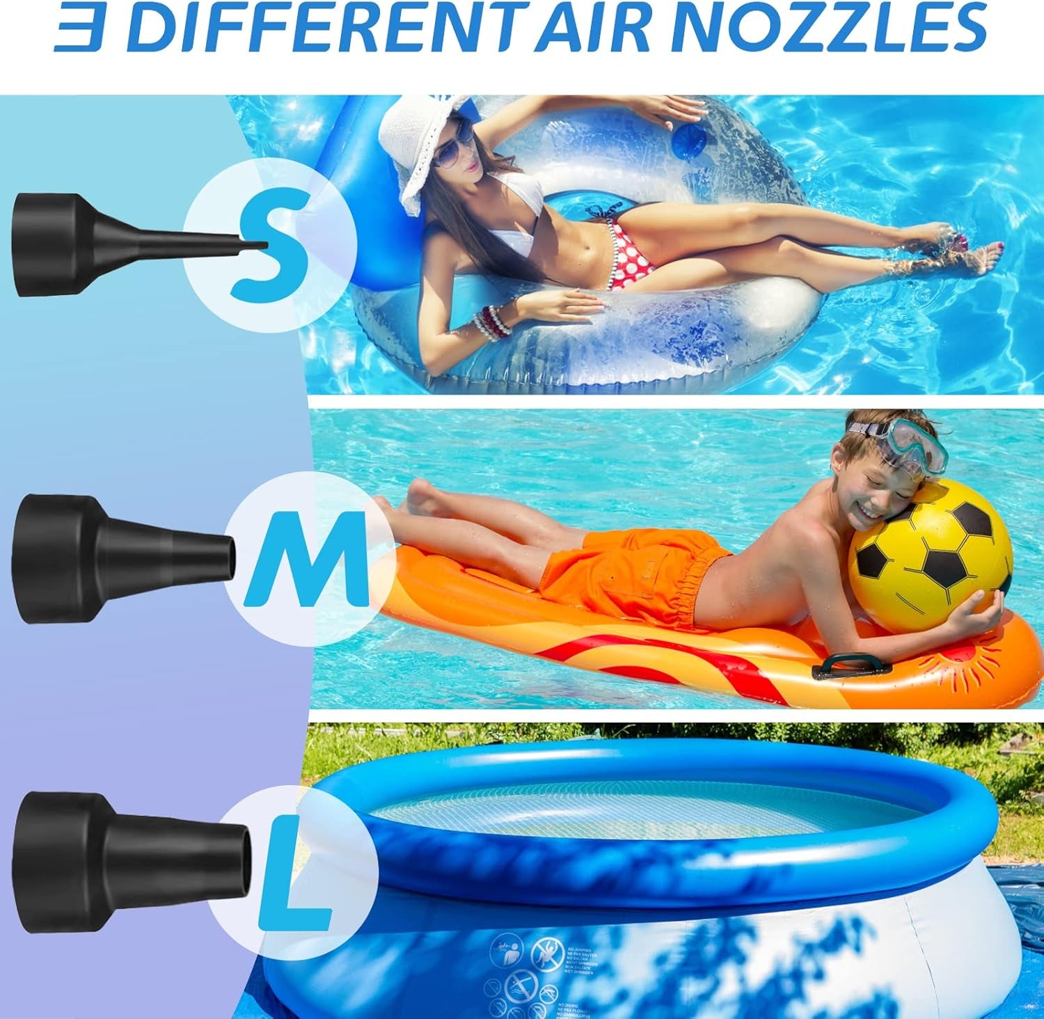 Electric Air Pump, 220V AC/50W 50/60Hz Portable Quick Fill AC Inflator Deflator with 3 Nozzles Pump for Bed Mattress Inflatables Paddling Pool Beach Toys