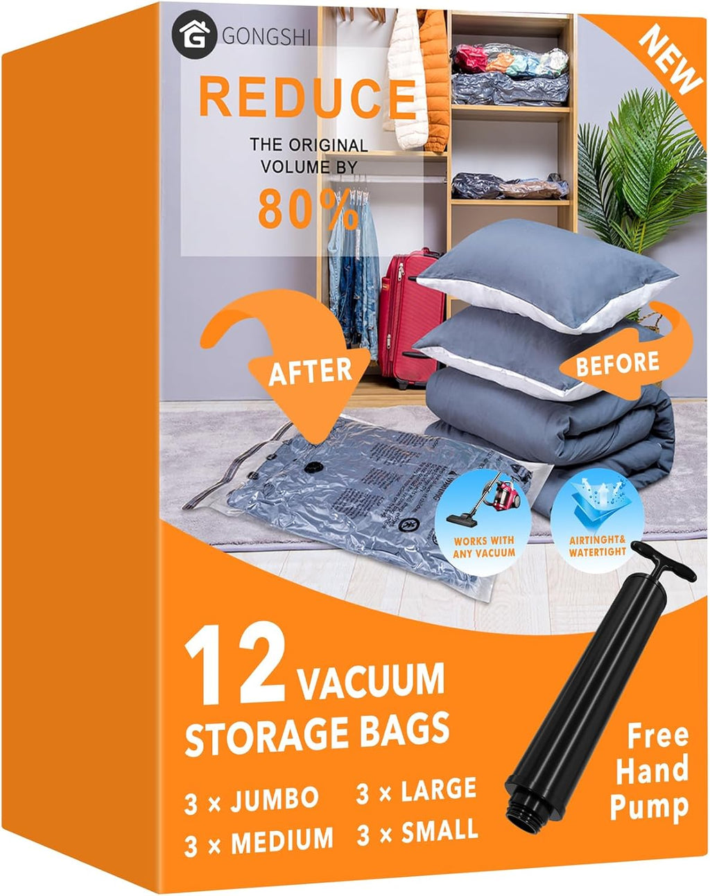 Vacuum Storage Bags (3 X Jumbo, 3 X Large, 3 X Medium, 3 X Small), Space Saver Sealer Compression Bags with Travel Hand Pump
