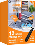 Vacuum Storage Bags (3 X Jumbo, 3 X Large, 3 X Medium, 3 X Small), Space Saver Sealer Compression Bags with Travel Hand Pump