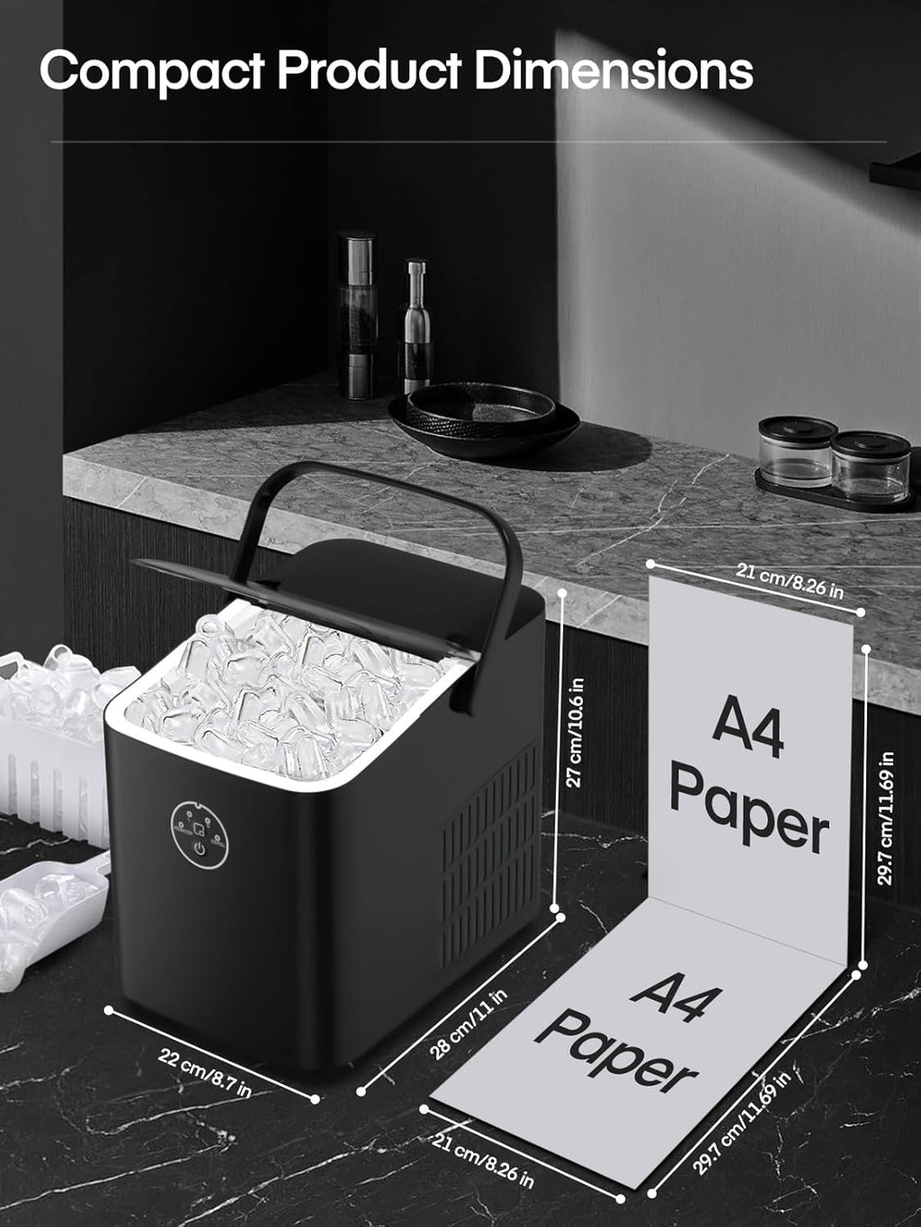 Ice Maker Machine Countertop, 14KG in 24H, Ice Ready in 5 Mins, 2 Bullet Sizes, Portable Ice Cube Maker with Handle, Self-Cleaning, Scoop&Basket, Home/Kitchen/Office/Rv