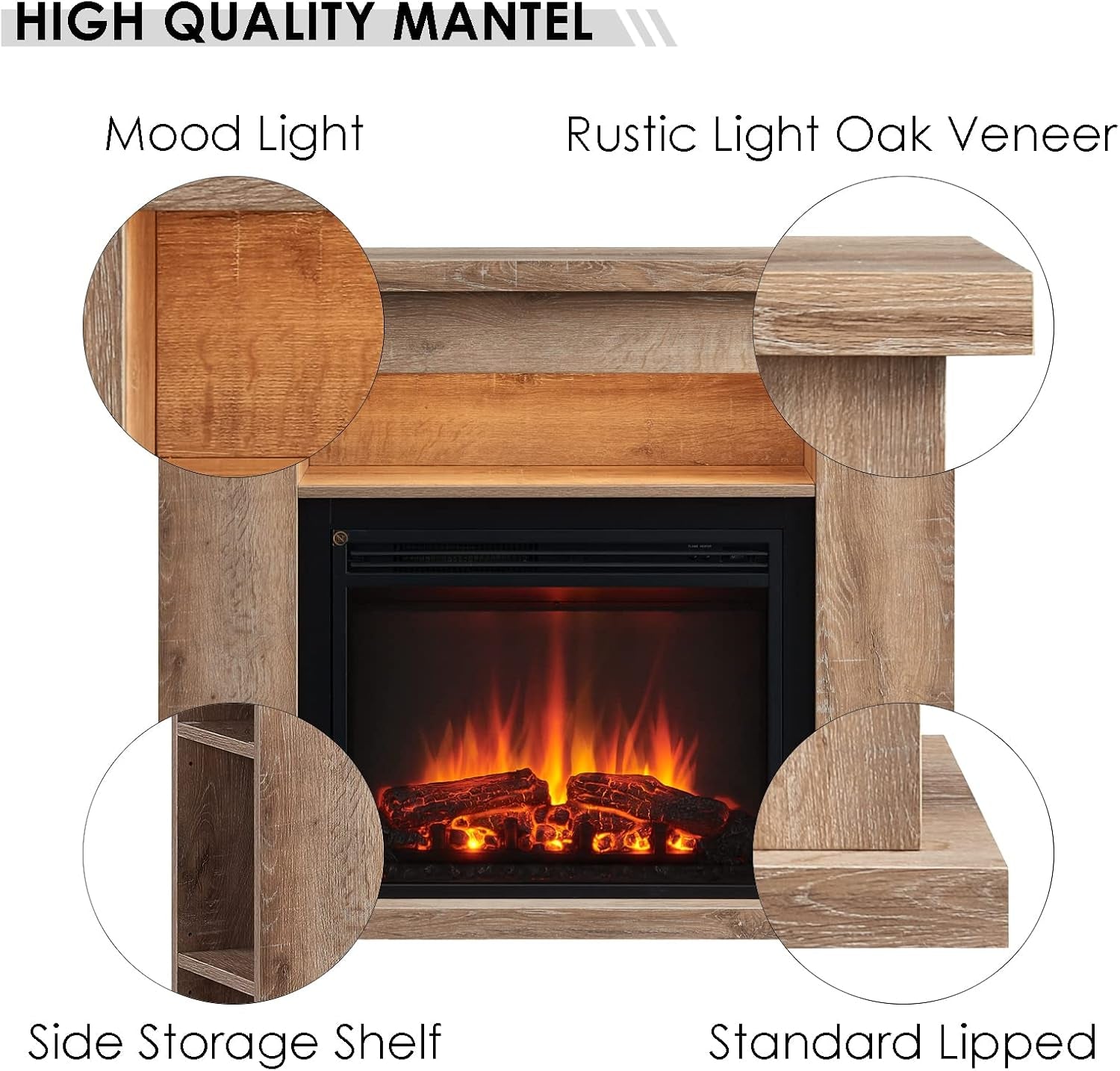 43" Lipson Electric Fireplace Suite Rustic Light Oak Colour with Storage Shelves Includes 2Kw Heater with Glass Fronted Flame Effect, Remote