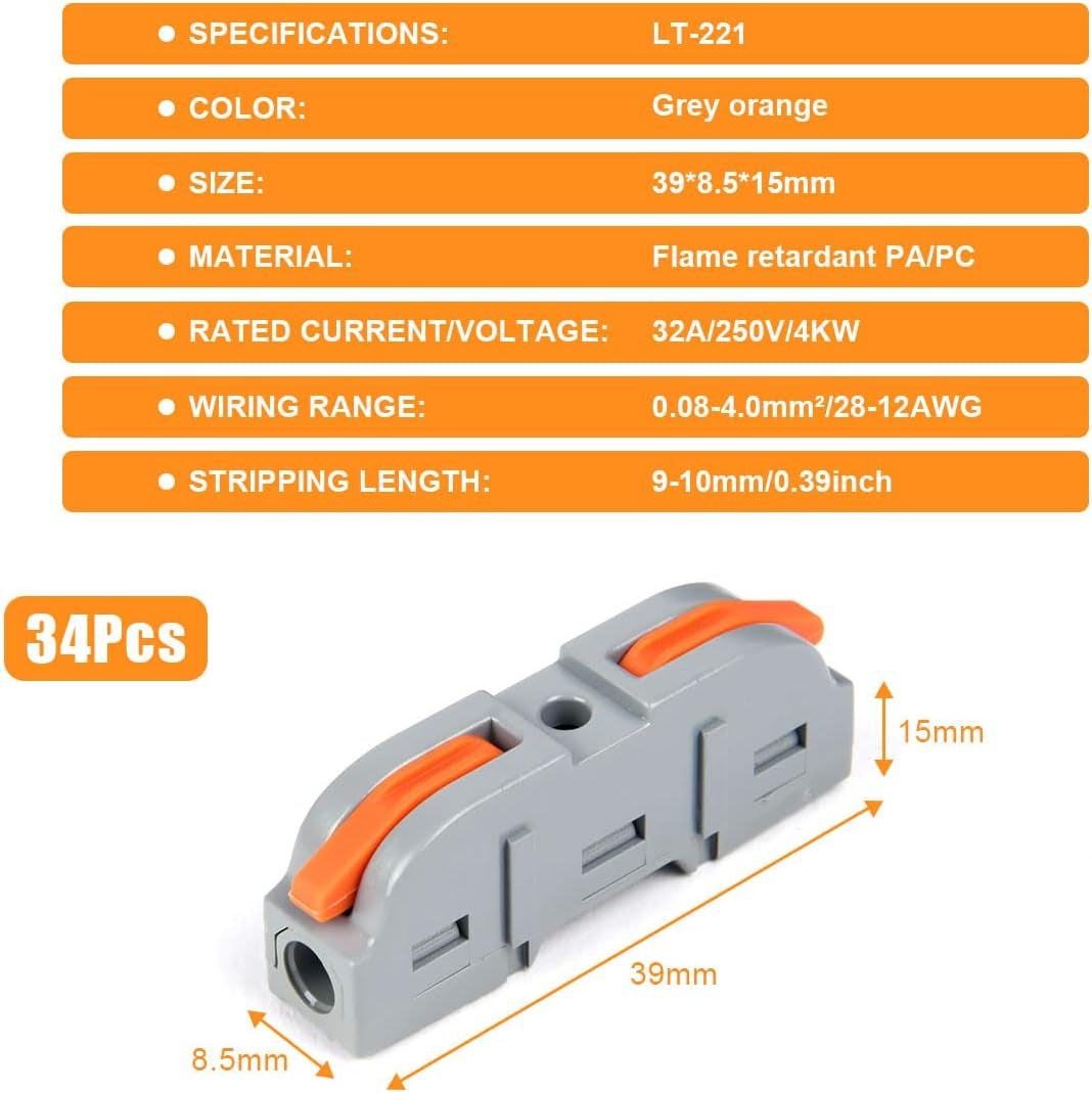 34 Pieces Electrical Connectors with Pole, 1 Wire 2 Inputs, Domino for Freely Combinable Cables, PA/PC Flame Retardant