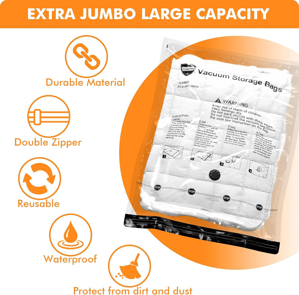 Vacuum Storage Bags (3 X Jumbo, 3 X Large, 3 X Medium, 3 X Small), Space Saver Sealer Compression Bags with Travel Hand Pump