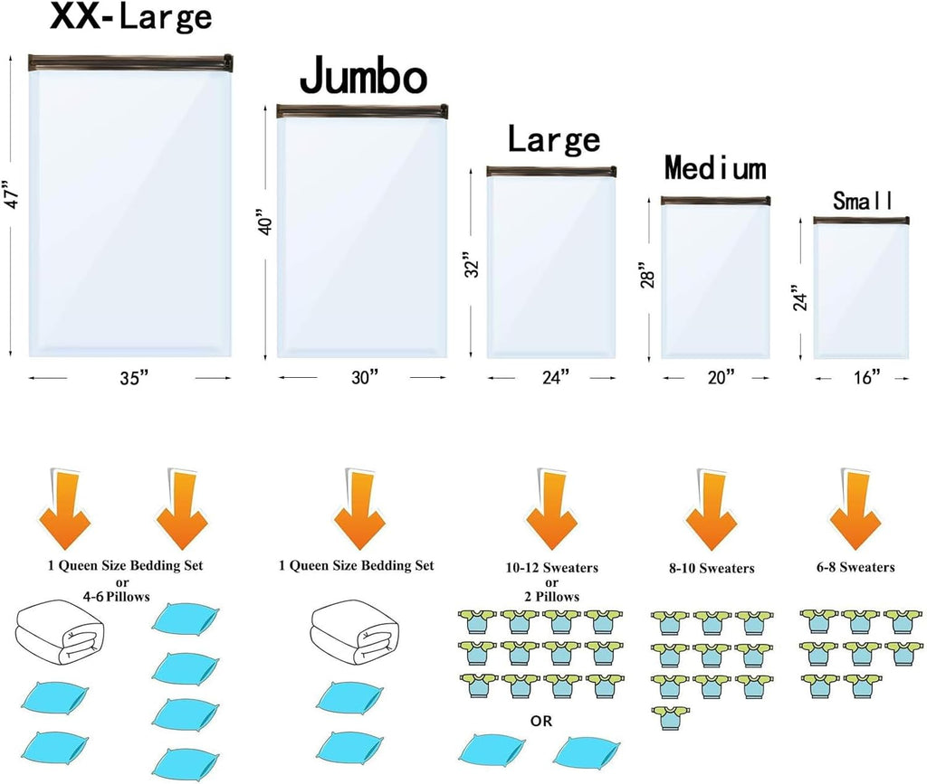 Vacuum Storage Bags (3 X Jumbo, 3 X Large, 3 X Medium, 3 X Small), Space Saver Sealer Compression Bags with Travel Hand Pump