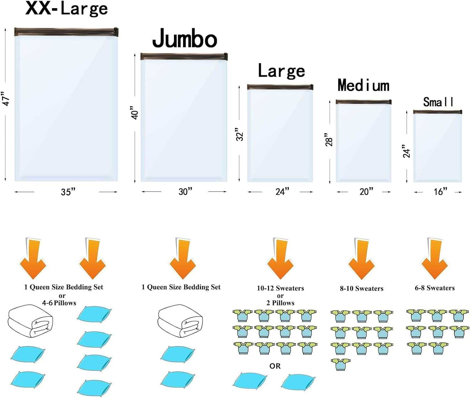 Vacuum Storage Bags (3 X Jumbo, 3 X Large, 3 X Medium, 3 X Small), Space Saver Sealer Compression Bags with Travel Hand Pump