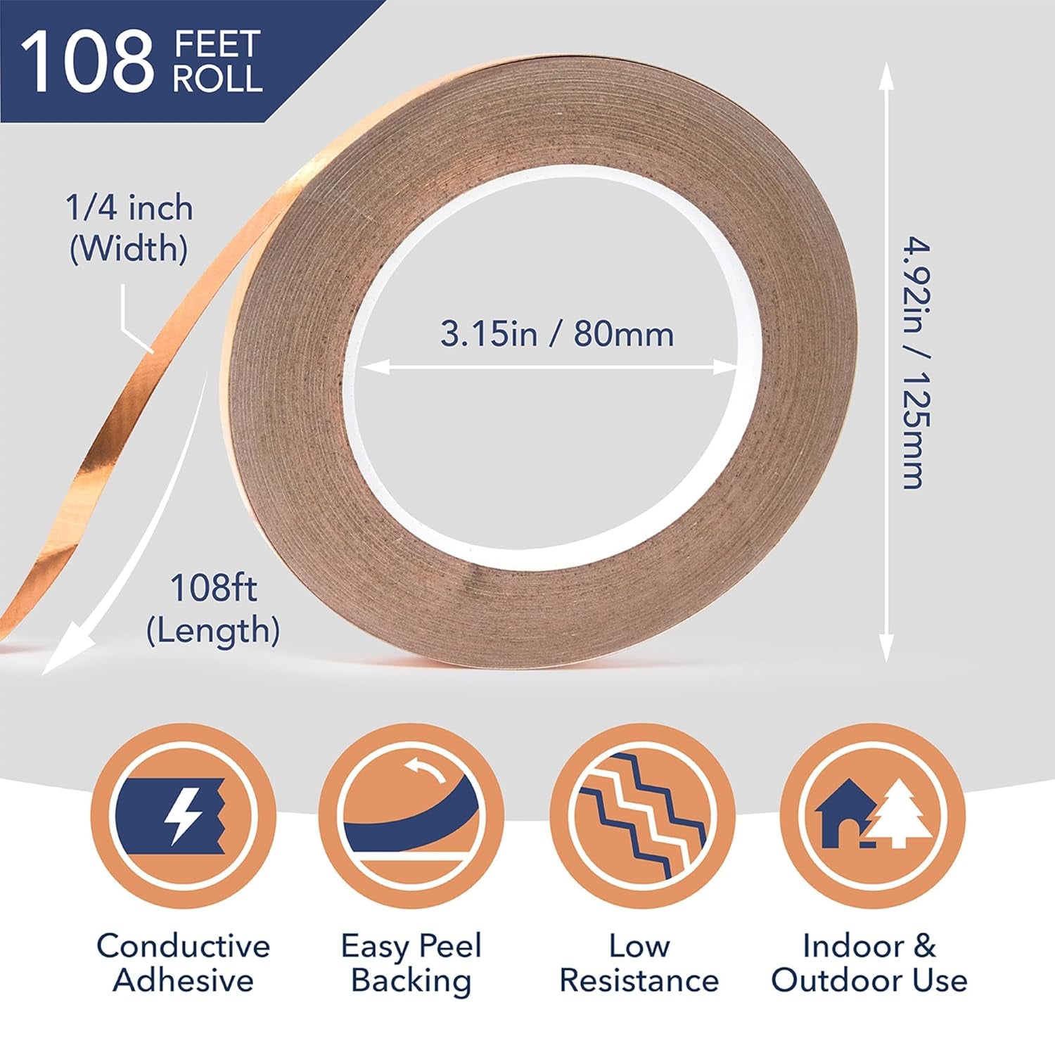 Copper Tape [1/4 Inch X 108Ft] Copper Foil Tape for Guitar Cavity, Electrical Conductive for Soldering, Stained Glass, and More (1/4 Inch)
