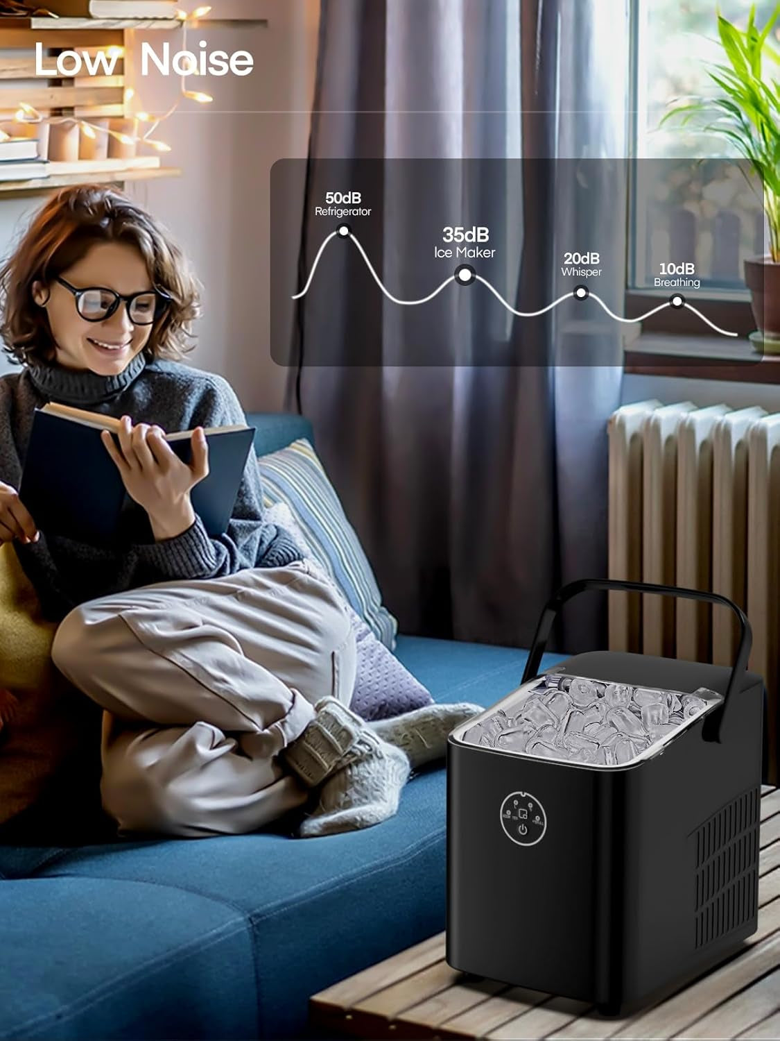 Ice Maker Machine Countertop, 14KG in 24H, Ice Ready in 5 Mins, 2 Bullet Sizes, Portable Ice Cube Maker with Handle, Self-Cleaning, Scoop&Basket, Home/Kitchen/Office/Rv