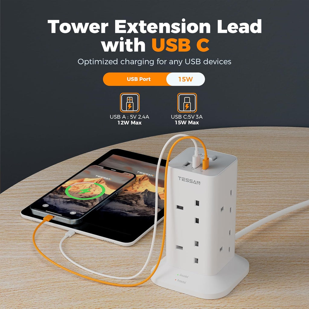 Tower Extension Lead with USB C Slots, 8 Way Plug Extension Socket with Switch, Surge Protected Power Strip with 2M Cable for Home, School Supplies