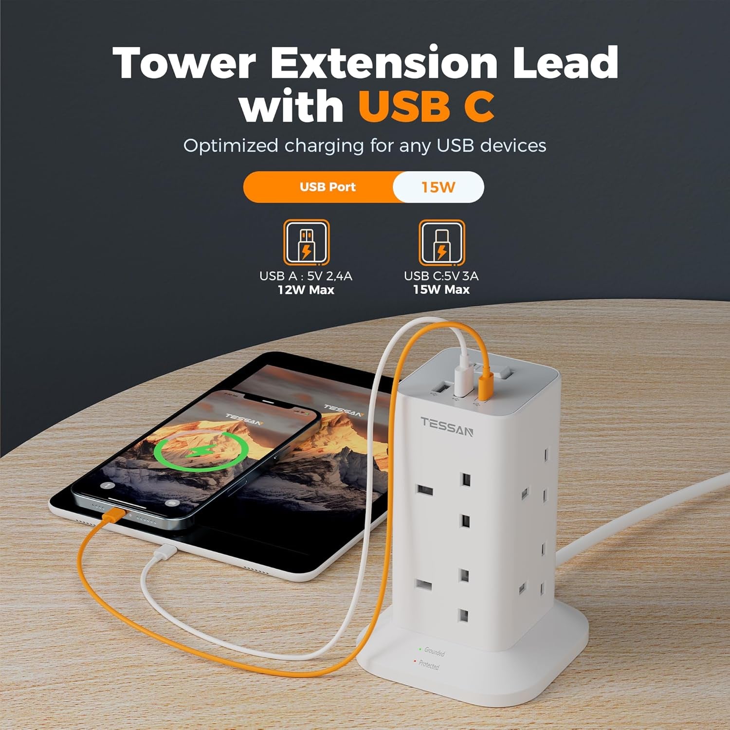 Tower Extension Lead with USB C Slots, 8 Way Plug Extension Socket with Switch, Surge Protected Power Strip with 2M Cable for Home, School Supplies