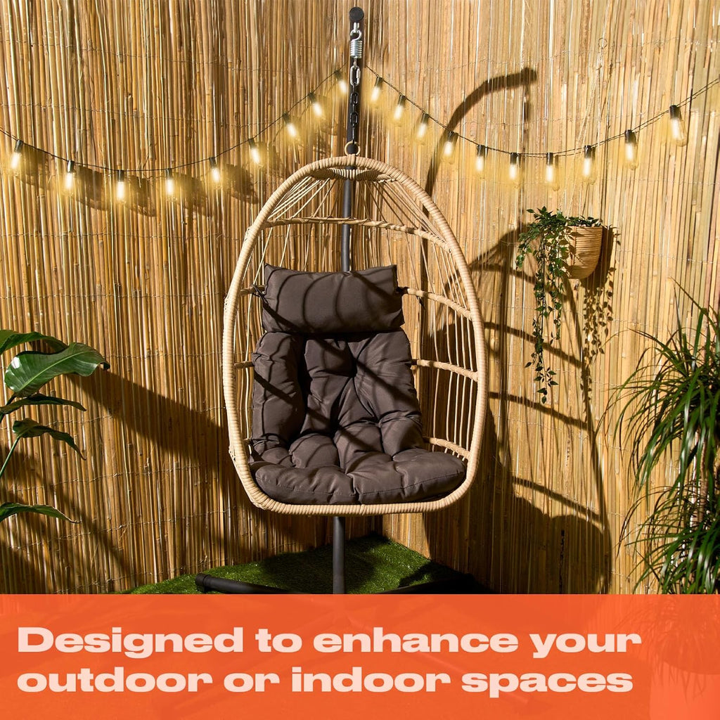 Hanging Egg Chair, Rattan Swing Chair Wicker Hammock with Stand Garden Swing Indoor Outdoor Patio Furniture Relaxing Comfy Foldable Egg Chair with Cushion Included, Natural Beige