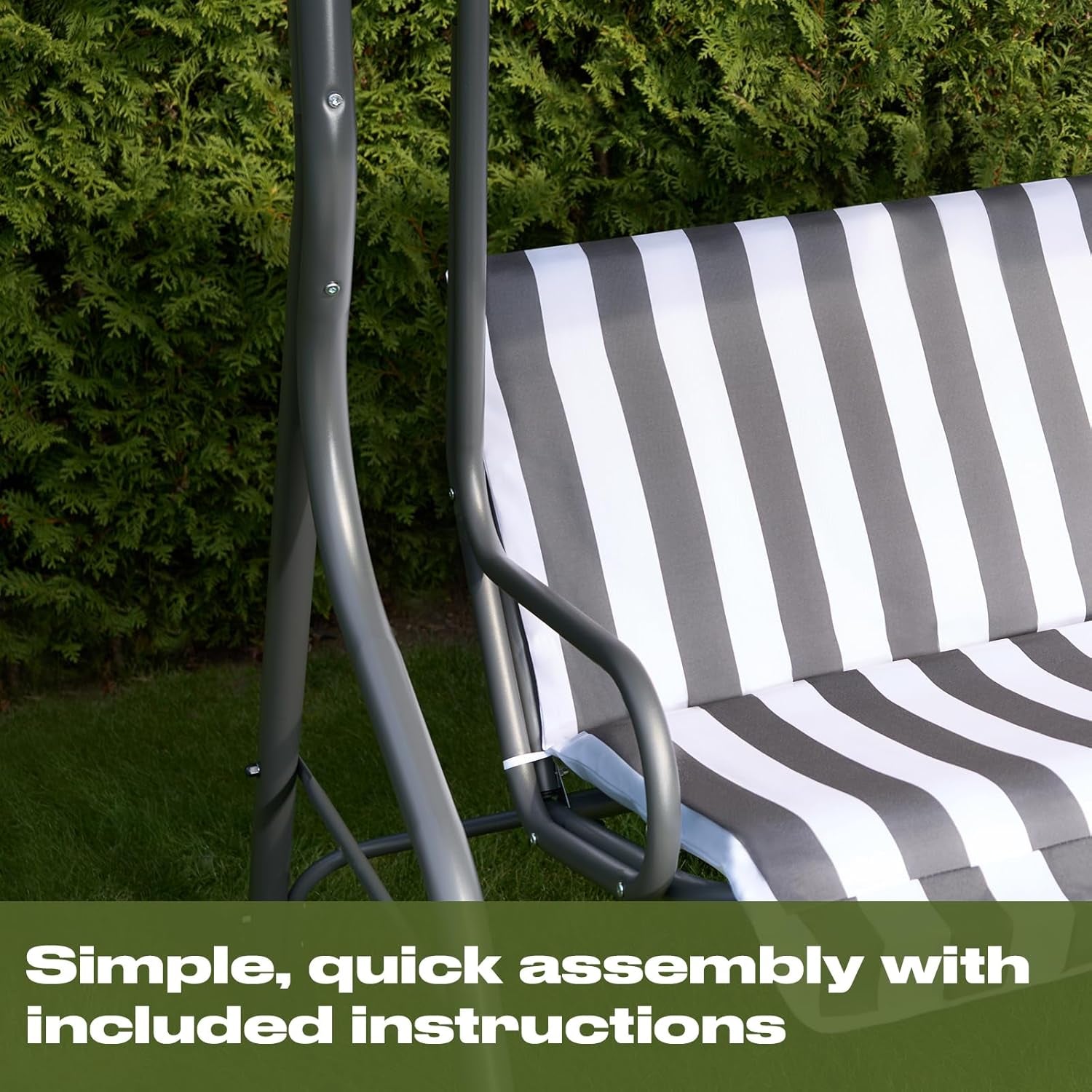 Garden Swing Bench, 3 Seater Swing Seat Outdoor with Adjustable Canopy & Cushioned Seats Relaxing Comfy Outdoor Patio Hammock Bench, Grey/White Stripe