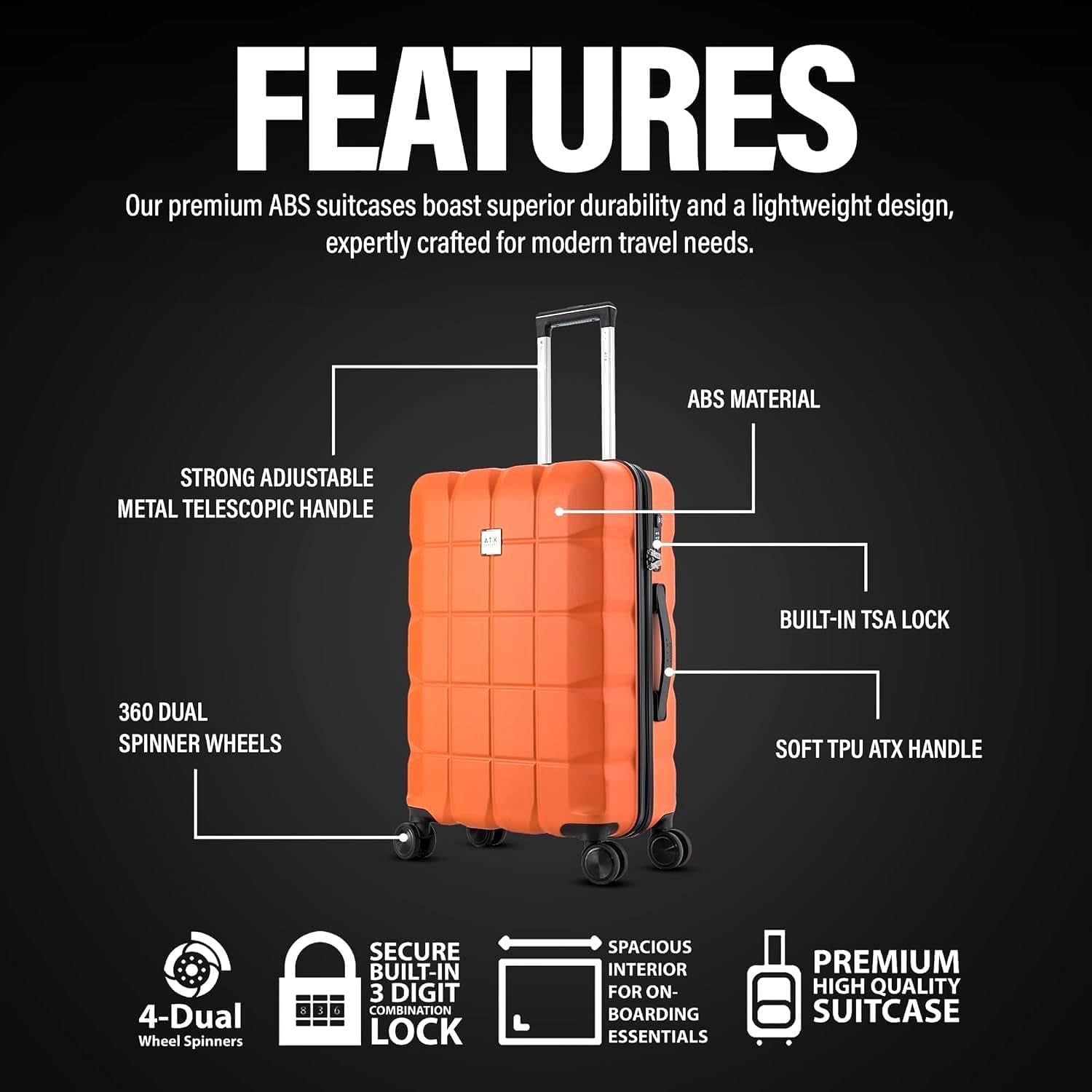 ATX Luggage Large Suitcase on 4 Dual Spinner Wheels Super Lightweight ABS Hard Shell Hold Check in with Built-In TSA Lock(Orange, 110 Liter)