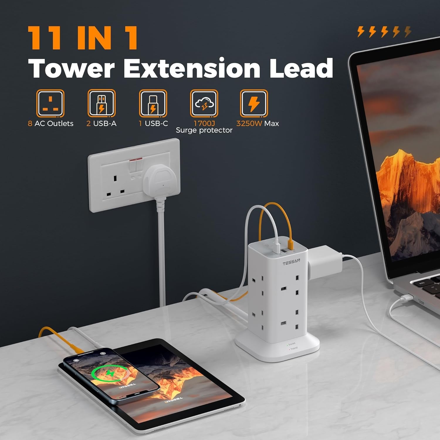 Tower Extension Lead with USB C Slots, 8 Way Plug Extension Socket with Switch, Surge Protected Power Strip with 2M Cable for Home, School Supplies