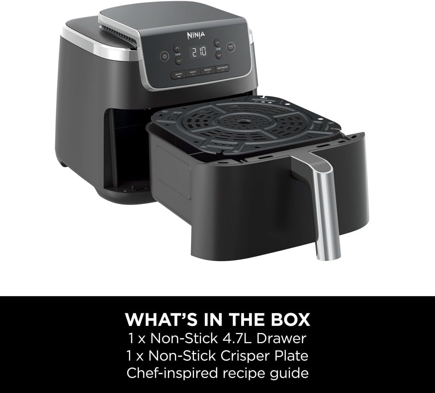 Air Fryer PRO 4.7L, Single Drawer, 4-In-1, Air Fry, Roast, Reheat, Dehydrate, Cooks 1-2 Portions, Digital, Cook from Frozen, Non-Stick Drawer & Crisper Basket, 2000W, Black AF140UKBRN