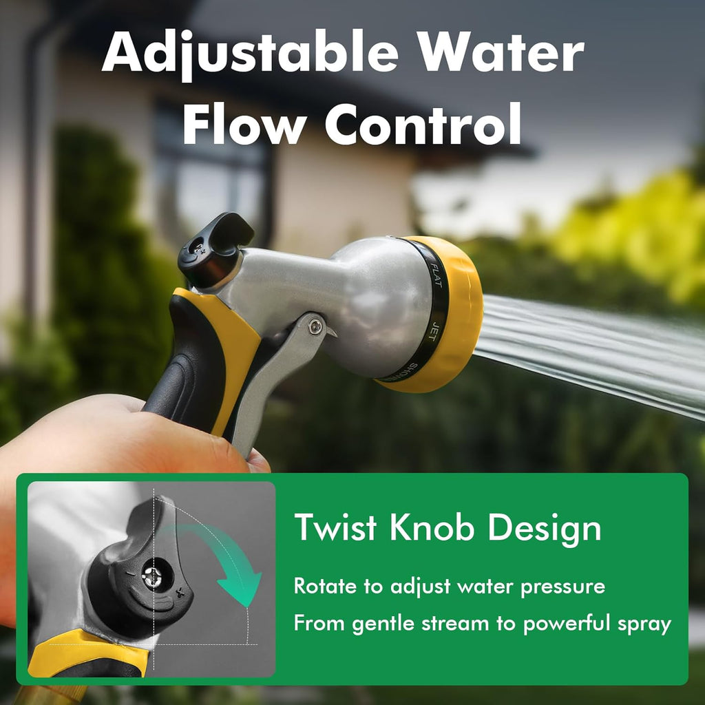 Hose Pipe Spray Gun, Heavy Duty Garden Hose Spray Gun, High Pressure Hose Nozzle, Metal Hand Sprayer with 7 Patterns and Water Flow Control, Ideal to Water Plant & Lawn, Wash Car & Pet, Yellow