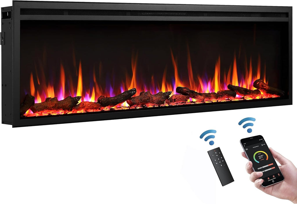 60"/152Cm Castello Slim Frame Recessed Media Wall Inset Electric Fireplace with Multi Flame Colours 750W/1500W