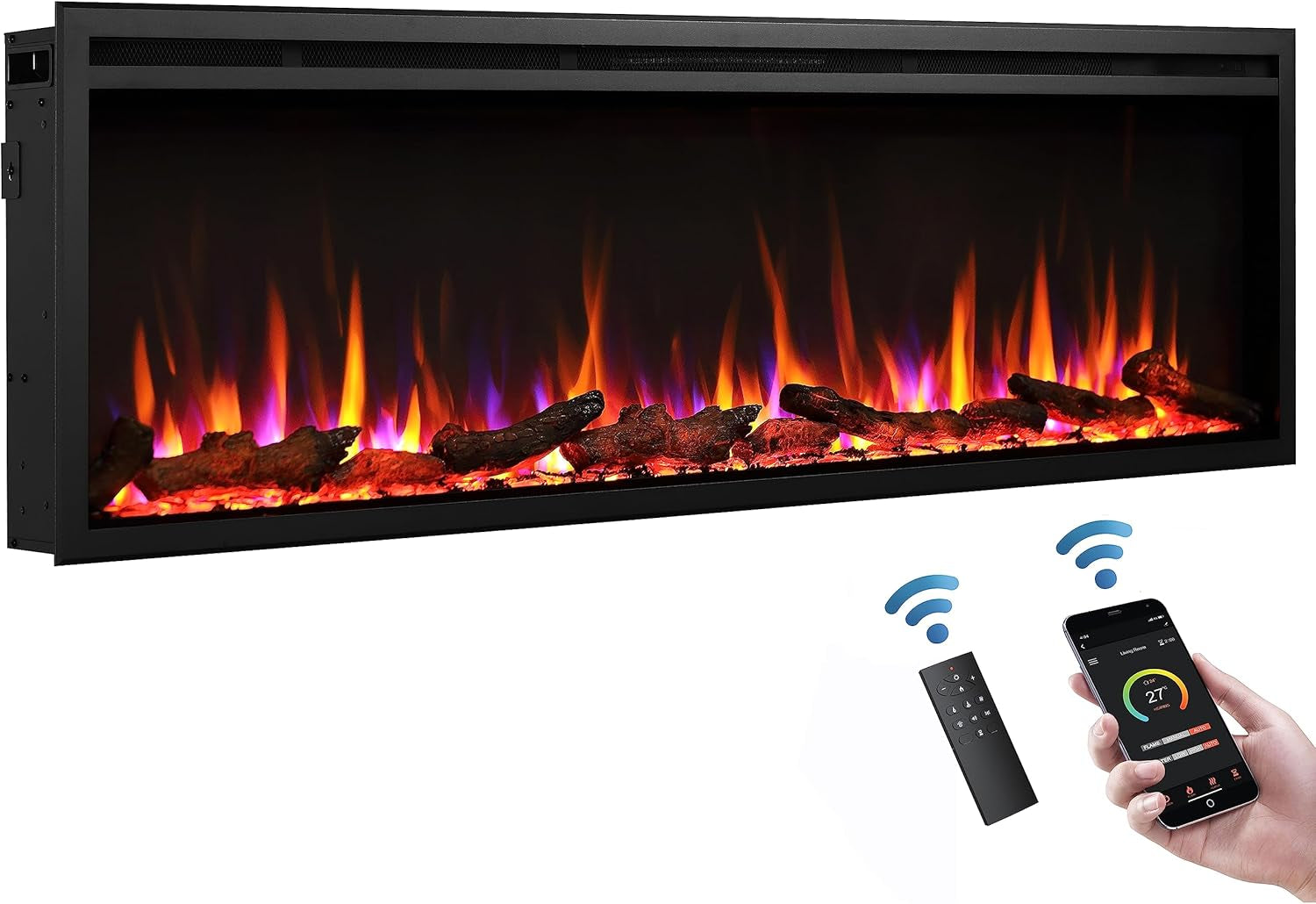 60"/152Cm Castello Slim Frame Recessed Media Wall Inset Electric Fireplace with Multi Flame Colours 750W/1500W