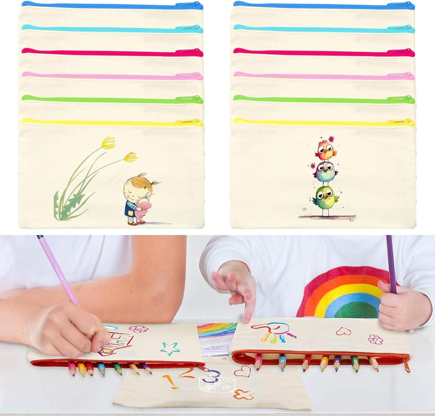 DIY Blank Fabric Bag,12 Pieces Pencil Case for Painting,Bag for Painting Children,Canvas Cosmetic Bag, Pencil Case for Work School Travelling, 21 X 12 Cm