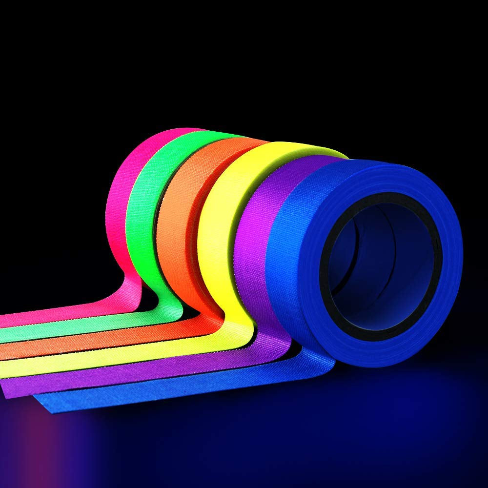 UV Blacklight Reactive Fluorescent, Fluorescent Gaffer Cloth Tape, 0.59In X 16.5FT per Roll, Decorative Black Light Neon Party Tape with Glow Party Supplies, 6 Colors