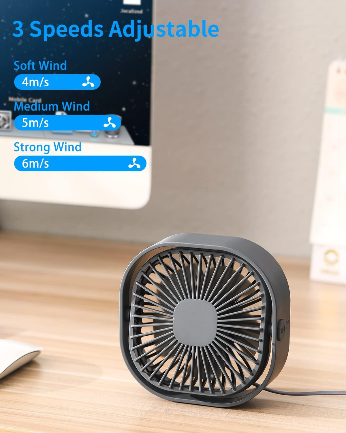 Desk Fan USB Small Fans for Desktop Table Bedside, Mini Desk Accessories for Home Office Bedroom Car Greenhouse Kitchen, Powerful Silent Bed Fan, 3 Speeds Wind Strong Airflow to Dog Crate Greenhouse