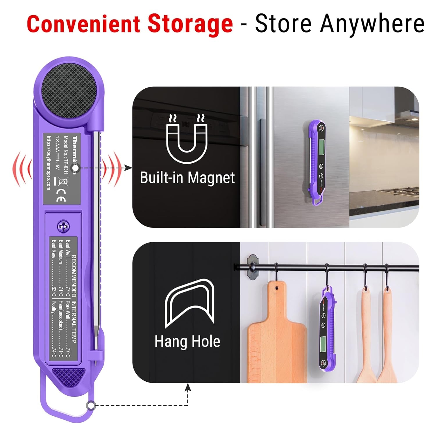 Food Thermometer, IPX6 Waterproof Cooking Thermometer Foldable Probe with Backlight/Calibration/Lock Fuction, Kitchen Digital Instant Read Use for Chicken, Beef, Fish, Pork, Ham, Purple