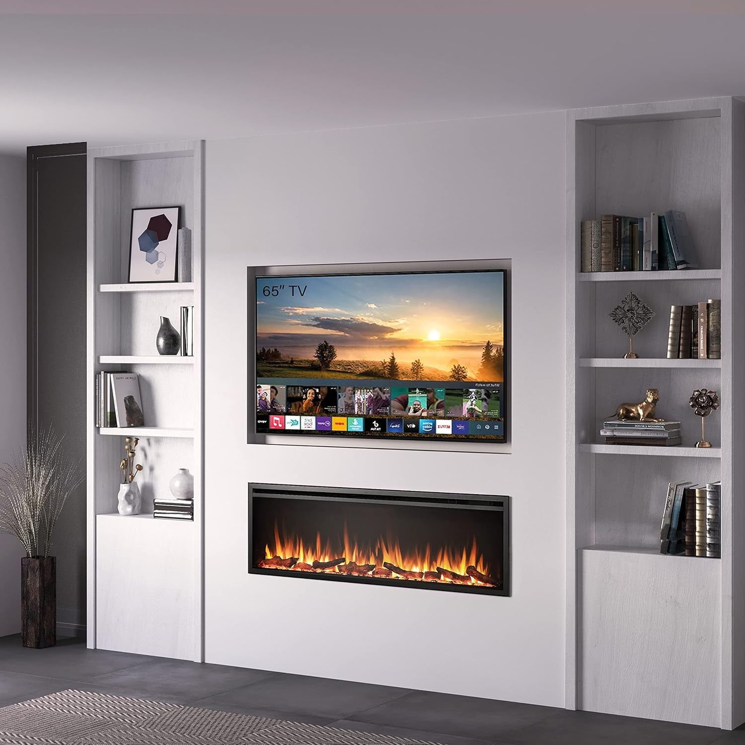 60"/152Cm Castello Slim Frame Recessed Media Wall Inset Electric Fireplace with Multi Flame Colours 750W/1500W