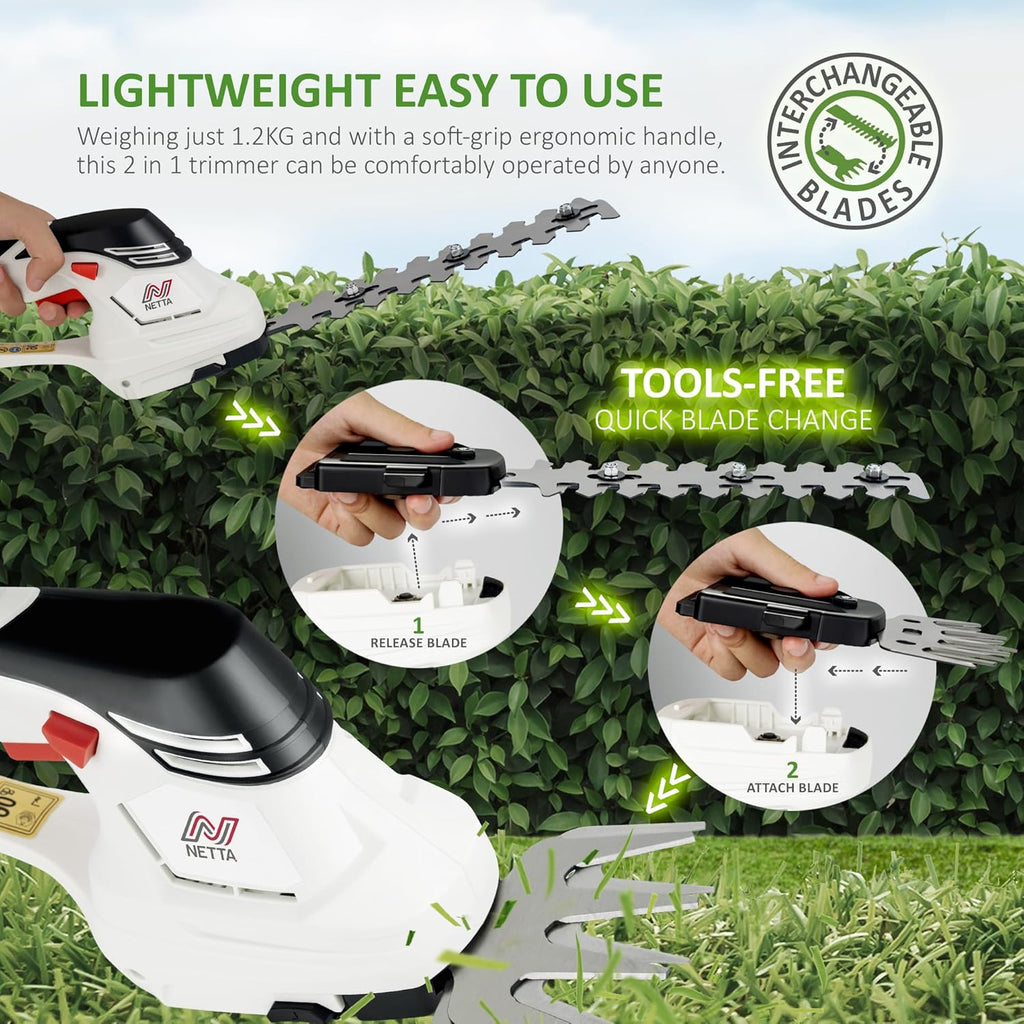 2-In-1 Cordless Hedge Trimmer & Grass Shear - 12V Battery Powered Trimmer with 1500Mah Lithium-Ion Battery - Garden Shears & Shrub Shear - Lightweight Handheld Electric Trimmer
