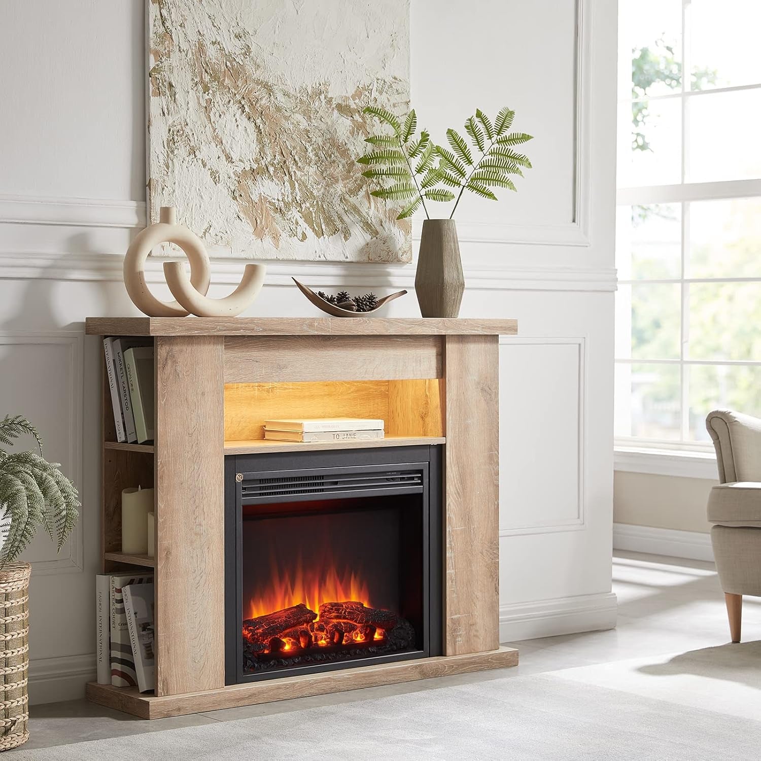43" Lipson Electric Fireplace Suite Rustic Light Oak Colour with Storage Shelves Includes 2Kw Heater with Glass Fronted Flame Effect, Remote