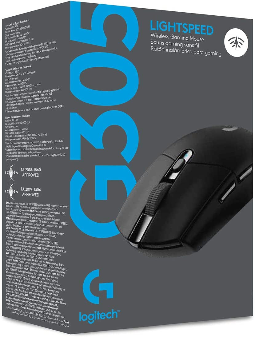 305 LIGHTSPEED Wireless Gaming Mouse, HERO 12K Sensor, 12,000 DPI, Lightweight, 6 Programmable Buttons, 250H Battery Life, On-Board Memory, Pc/Mac - Black