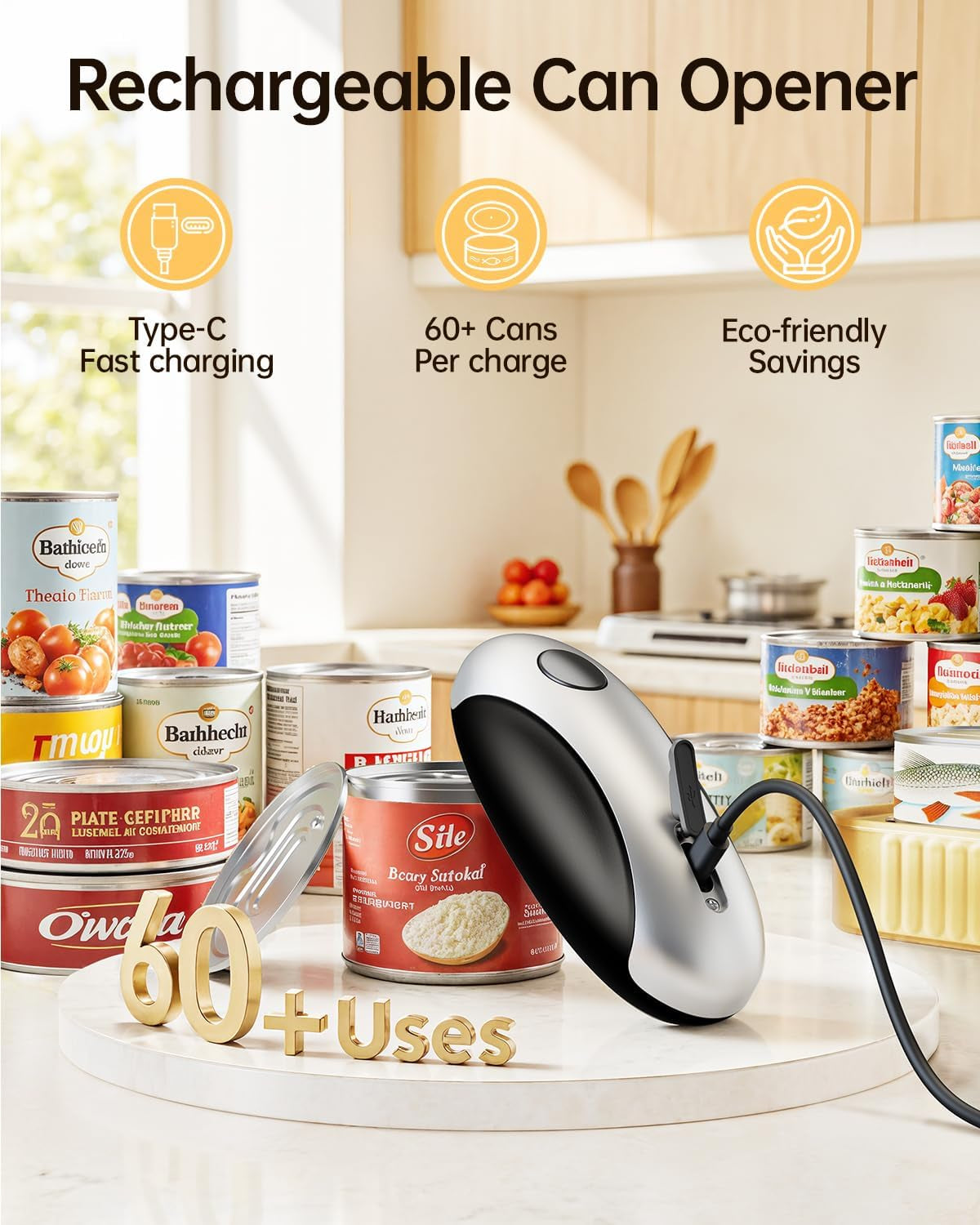 Rechargeable Electric Can Opener - Smooth Edge, One-Touch Automatic Can Opener for Seniors & Arthritis, Hands-Free Can Openers for Kitchen, Type-C Fast Charge, Compact Portable Can Openers