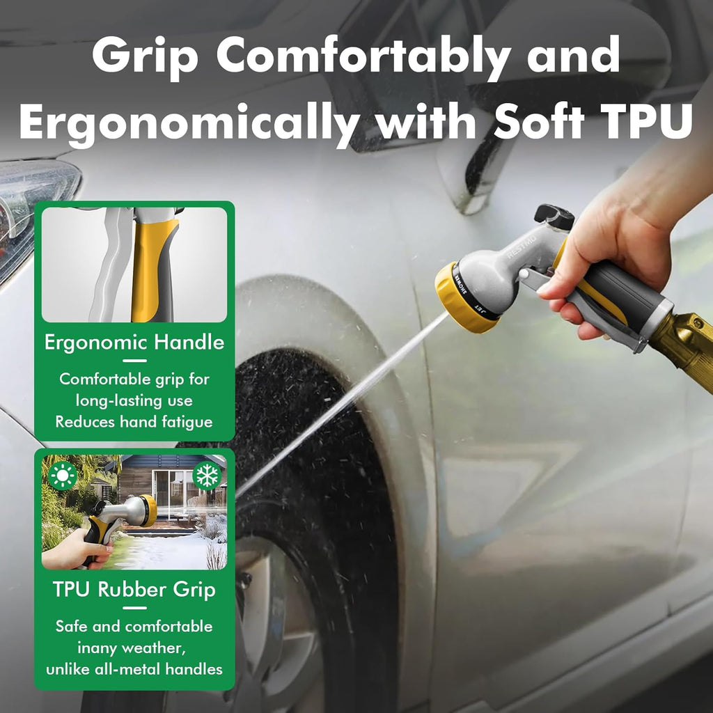 Hose Pipe Spray Gun, Heavy Duty Garden Hose Spray Gun, High Pressure Hose Nozzle, Metal Hand Sprayer with 7 Patterns and Water Flow Control, Ideal to Water Plant & Lawn, Wash Car & Pet, Yellow
