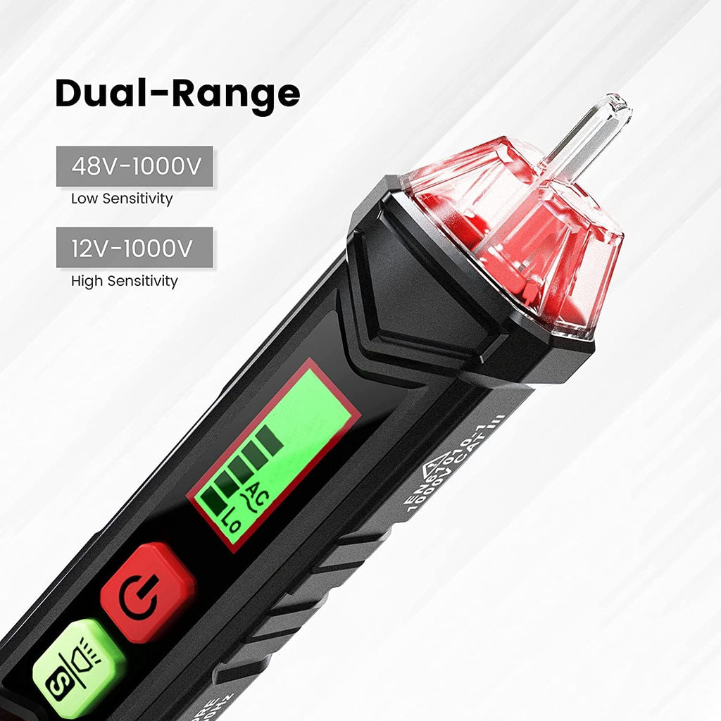HT100 Voltage Tester, Dual-Range 12V-1000V/48V 1000V Non-Contact Electrical Tester, Voltage Sensitivity Electric Compact Pen with NCV, LED Flashlight, Buzzer Alarm, Wire Breakpoint Finder