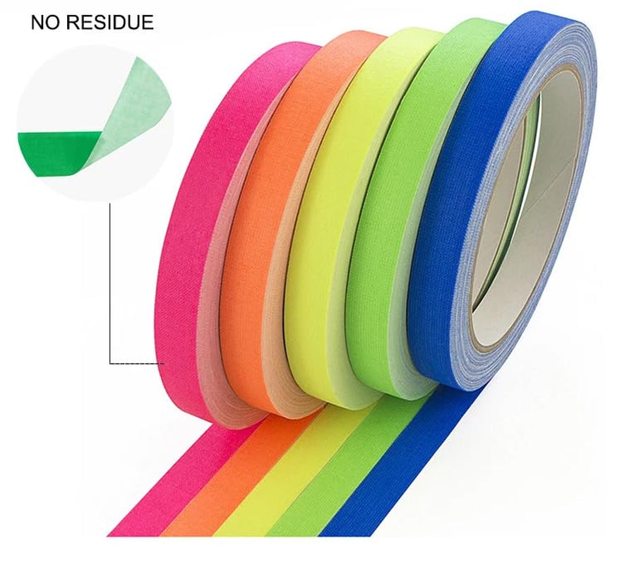 Neon Gaffer Cloth Tape, Fluorescent Colors Pro Gaff Tape Duct Tape UV Blacklight Glow in the Dark Tape for UV Party, 5 Pack (0.6 Inch X 16.5 Feet)